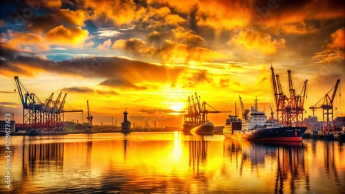 Dublin Harbor Sunset: Vintage Cranes & Ships - Irish Port at Golden Hour