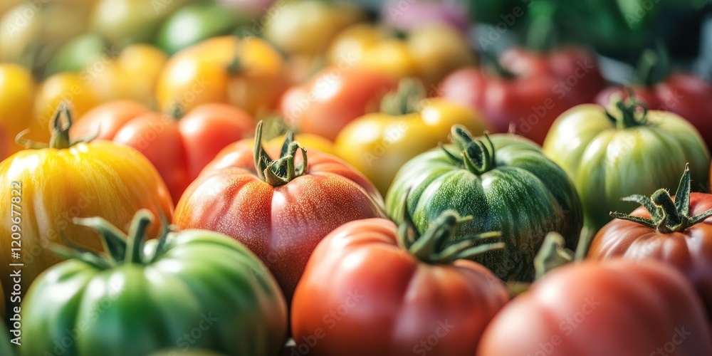 Colorful variety of ripe heirloom tomatoes in vibrant red, green, and yellow arranged closely with soft focus in the background for copy space. Colorful variety of ripe heirloom tomatoes in vibrant red, green, and yellow arranged closely with soft focus in the background for copy space.