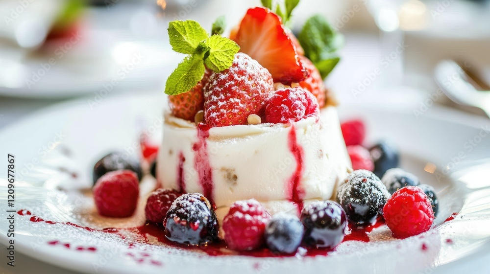 Delicious strawberry cream roll adorned with fresh berries and mint leaves on a white plate for a delightful dessert presentation.