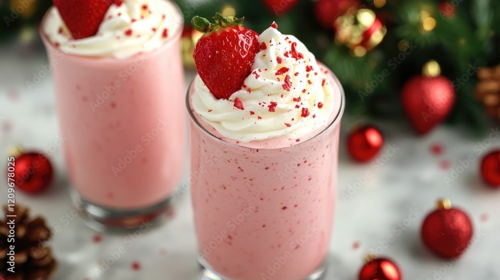 Festive strawberry cheesecake mocktail garnished with whipped cream and holiday decorations in a cozy setting Festive strawberry cheesecake mocktail garnished with whipped cream and holiday decorations in a cozy setting