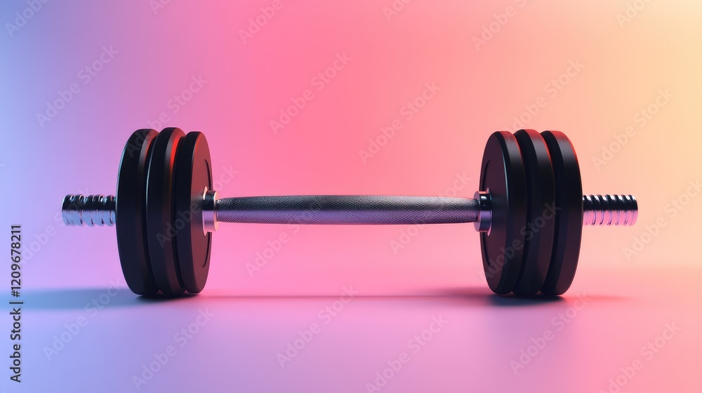 Black barbell with metallic grip set on a gradient background of pink and blue hues captured from a side angle with soft lighting Black barbell with metallic grip set on a gradient background of pink and blue hues captured from a side angle with soft lighting