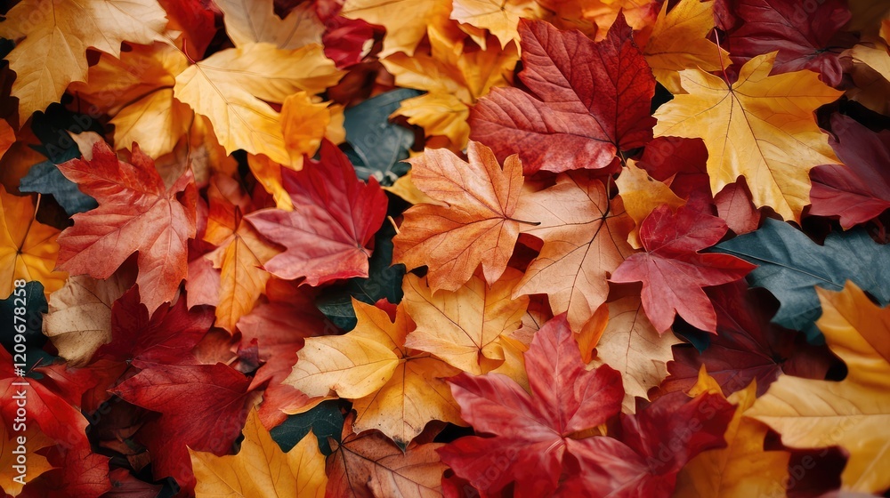 Vibrant autumn-colored maple leaves in various shades of red, orange, and yellow covering the ground, captured in close-up detail. Vibrant autumn-colored maple leaves in various shades of red, orange, and yellow covering the ground, captured in close-up detail.