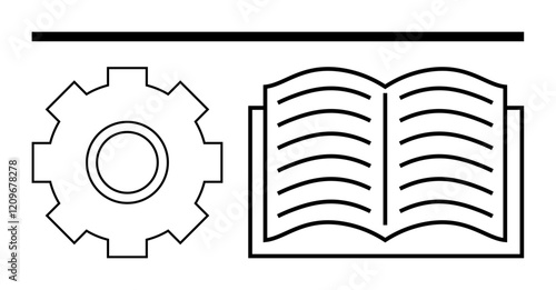 Open book beside gear under horizontal line conveys themes thumbs up learning, mechanisms, education, innovation, development, technology, and functionality as abstract line flat metaphor