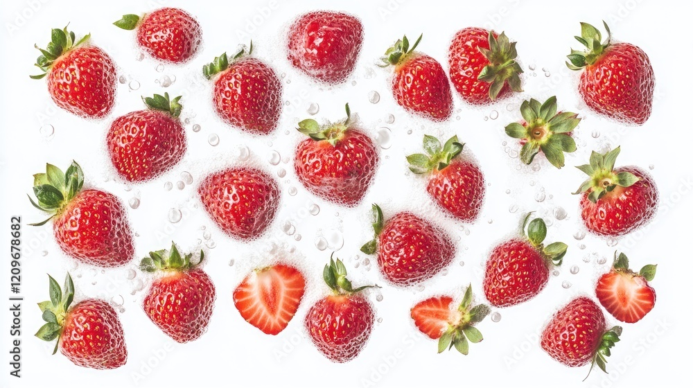 Fresh Strawberries Splashed in Milk with Bubbles on Bright White Background Perfect for Food and Beverage Promotions Fresh Strawberries Splashed in Milk with Bubbles on Bright White Background Perfect for Food and Beverage Promotions
