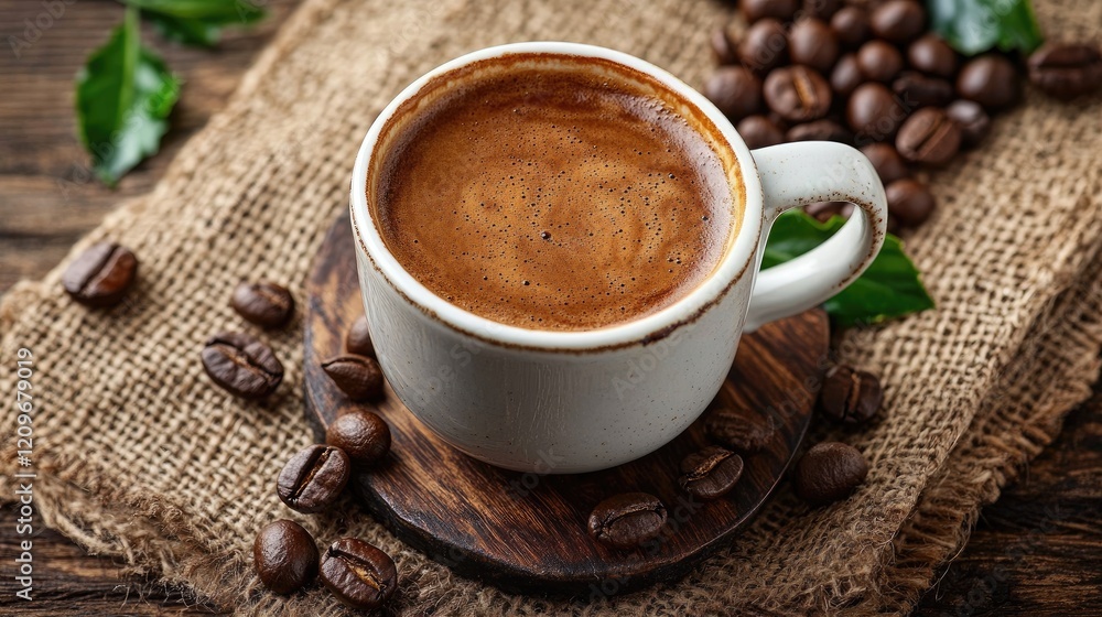 Freshly brewed coffee in a rustic cup surrounded by coffee beans and decorative leaves on a burlap background. Freshly brewed coffee in a rustic cup surrounded by coffee beans and decorative leaves on a burlap background.