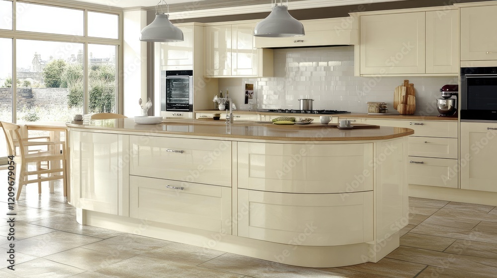 Fototapeta premium Real estate interior featuring a modern buttercup cream kitchen with open-plan living space and stylish furniture