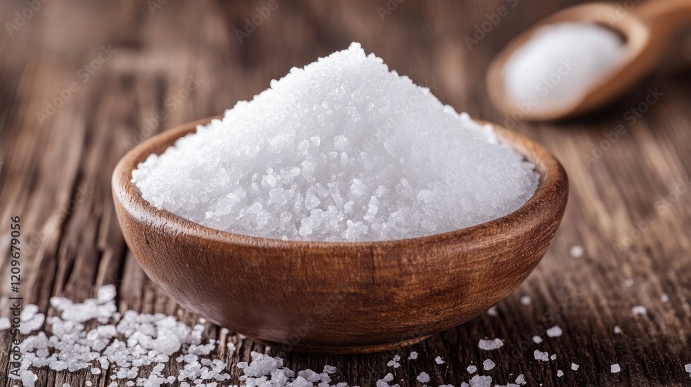 Natural sea salt in a wooden bowl with scattered crystals on a rustic wooden surface highlighting mineral richness and culinary uses Natural sea salt in a wooden bowl with scattered crystals on a rustic wooden surface highlighting mineral richness and culinary uses