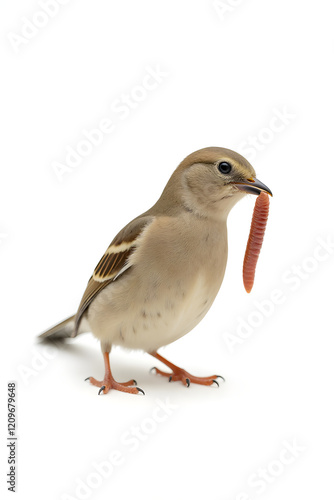 a small bird eating a worm in white background