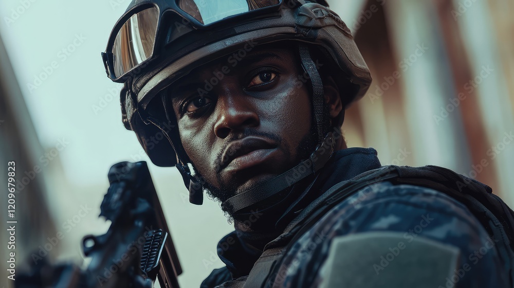 Tactical security guard in black helmet and uniform gripping rifle, focused expression against blurred urban background in soft daylight. Tactical security guard in black helmet and uniform gripping rifle, focused expression against blurred urban background in soft daylight.