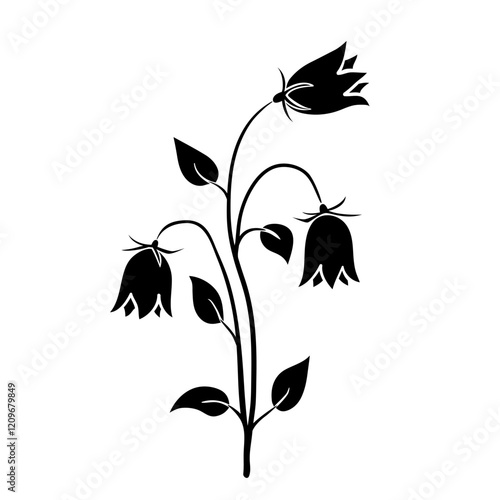 Bell flower or bluebell black stencil silhouette isolated on white. Hand drawn wildflower with stem and leaves. Vector clipart for floral illustration, screen printing, plotter cutting, application.