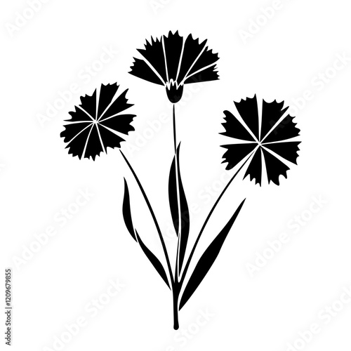 Cornflower or knapweed black stencil silhouette isolated on white. Hand drawn wildflower with stem and leaves. Vector clipart for floral illustration, screen printing, plotter cutting, application.