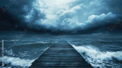 Moody Stormy Seascape with Wooden Pier Under Dramatic Clouds and Turbulent Waves in Dark Hues photo