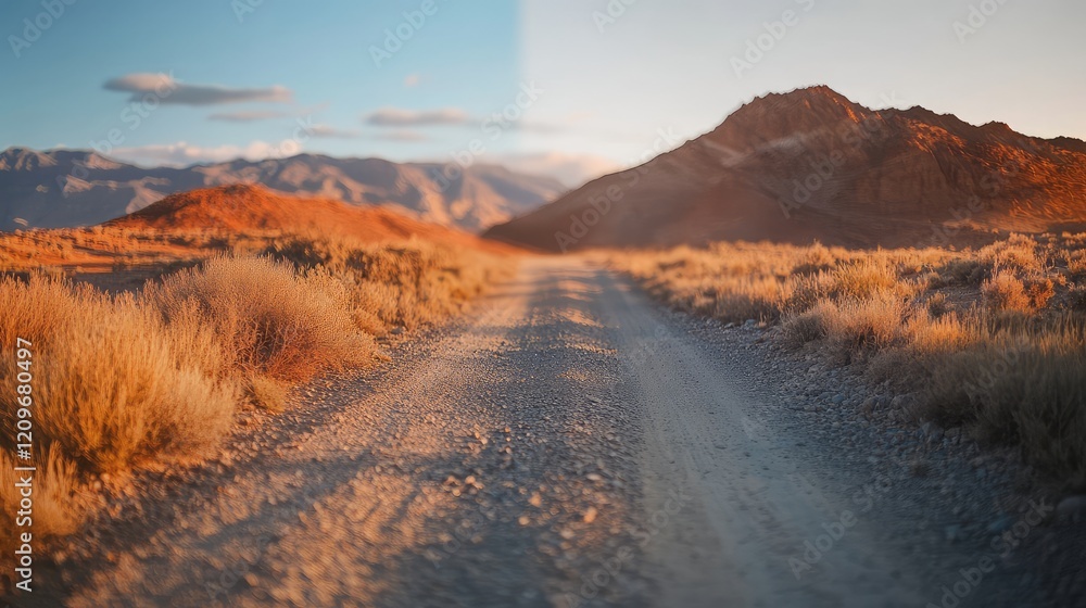 Golden Sunset Over Dusty Dirt Road Leading Through Lush Grassy Plain and Majestic Mountains in Soft Focus with Vintage Feel Golden Sunset Over Dusty Dirt Road Leading Through Lush Grassy Plain and Majestic Mountains in Soft Focus with Vintage Feel