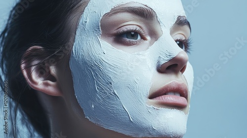 Model applying white clay mask with a serene expression, soft blue background emphasizing skincare routine and beauty treatment concept. photo