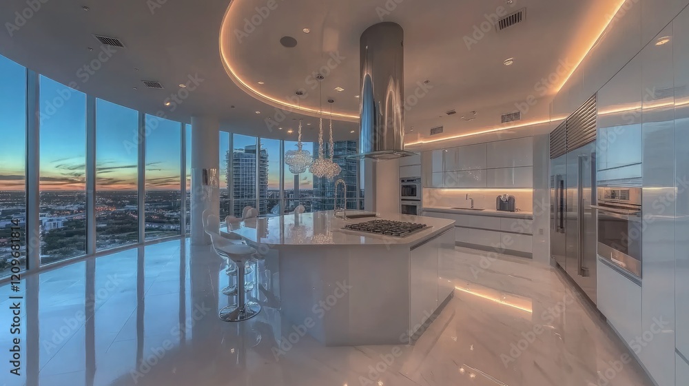 Fototapeta premium Snow-white kitchen in a high-rise apartment with panoramic windows, glossy finishes, and modern decor