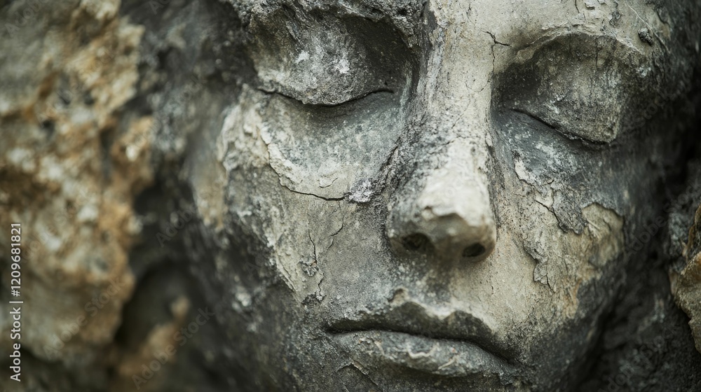 Cracked, worn stone face with closed eyes, weathered texture. Cracked, worn stone face with closed eyes, weathered texture.