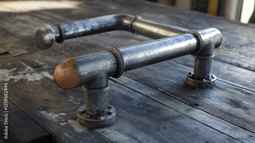 Industrial steel T-joint connection hardware on a wooden surface showcasing craftsmanship and utility in construction applications. photo