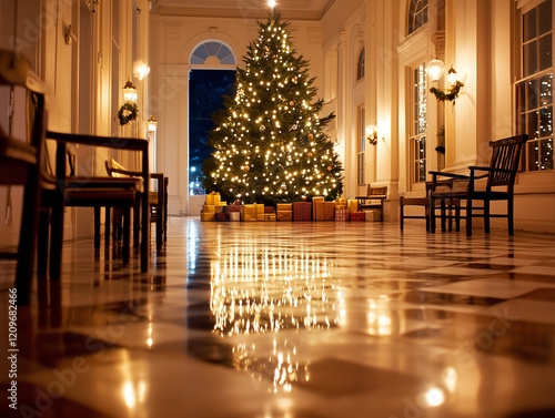 Albero di Natale elegante in un salone con regali. photo