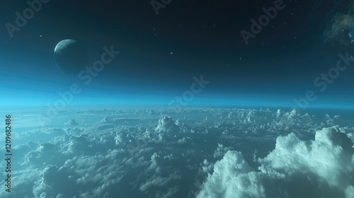 Aerial Perspective of Ethereal Blue Sky with Wispy Clouds and Distant Celestial Body Floating Above the Horizon photo