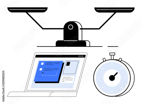 Scales symbolize decision-making, stopwatch represents time tracking, and laptop highlights digital workflows. Ideal for efficiency, prioritization, productivity, work-life balance, analytics, time