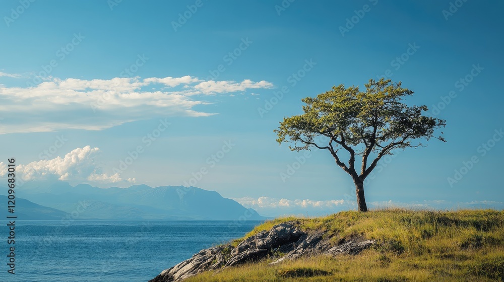 Lonely tree on a rocky coastline with serene sea and distant mountains under a clear blue sky Lonely tree on a rocky coastline with serene sea and distant mountains under a clear blue sky
