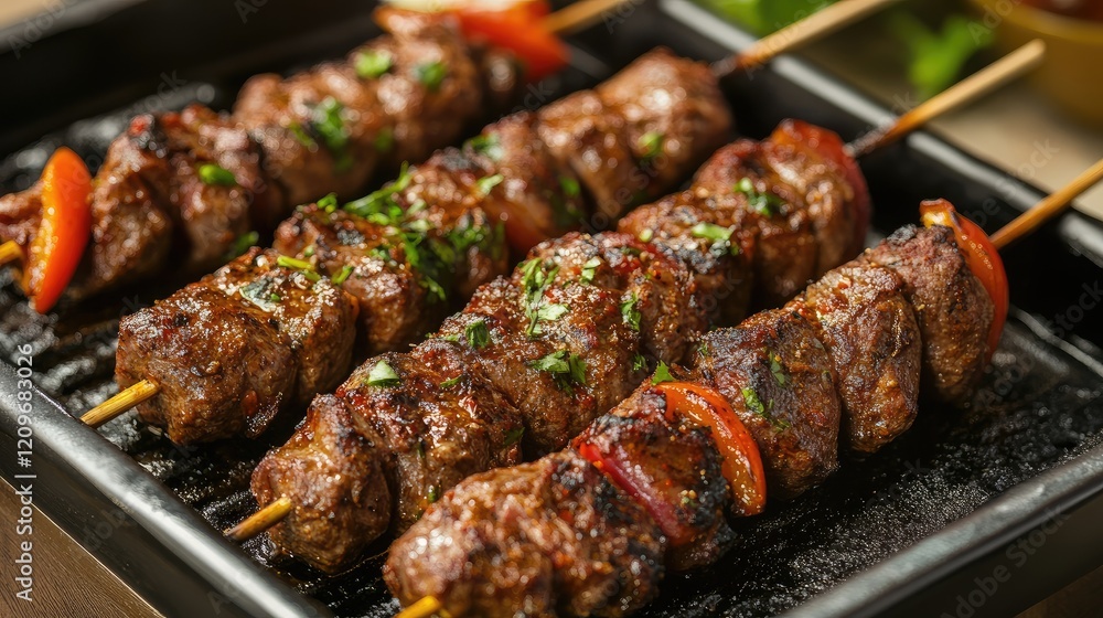 Savory grilled lamb skewers garnished with herbs and spices served on a sizzling platter for a mouthwatering culinary experience Savory grilled lamb skewers garnished with herbs and spices served on a sizzling platter for a mouthwatering culinary experience