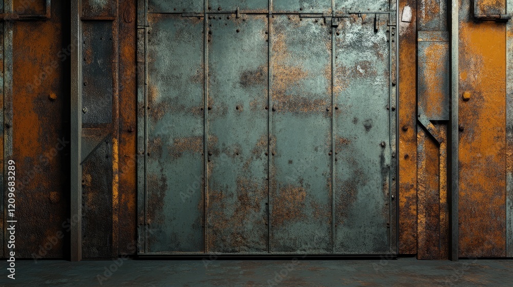 Rustic steel panel with textured finish highlighting a restricted industrial area background for creative design projects. Rustic steel panel with textured finish highlighting a restricted industrial area background for creative design projects.