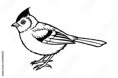 Line art of a Kinglet in a side view, showing its detailed wing and tail feathers.eps