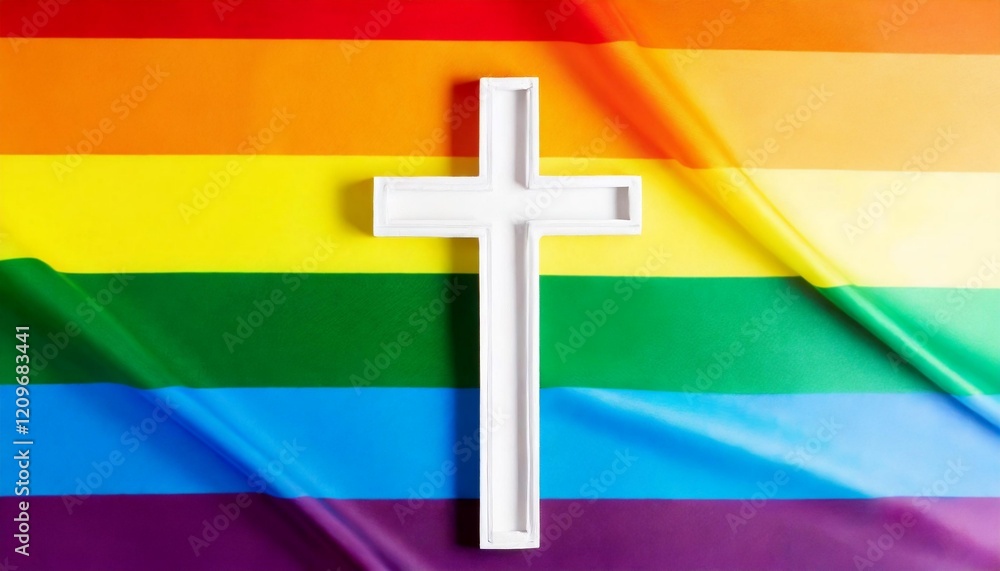 Fototapeta premium White cross as Christianity symbol on a rainbow flag. Religion, Christian faith and LGBTQ acceptance concept.