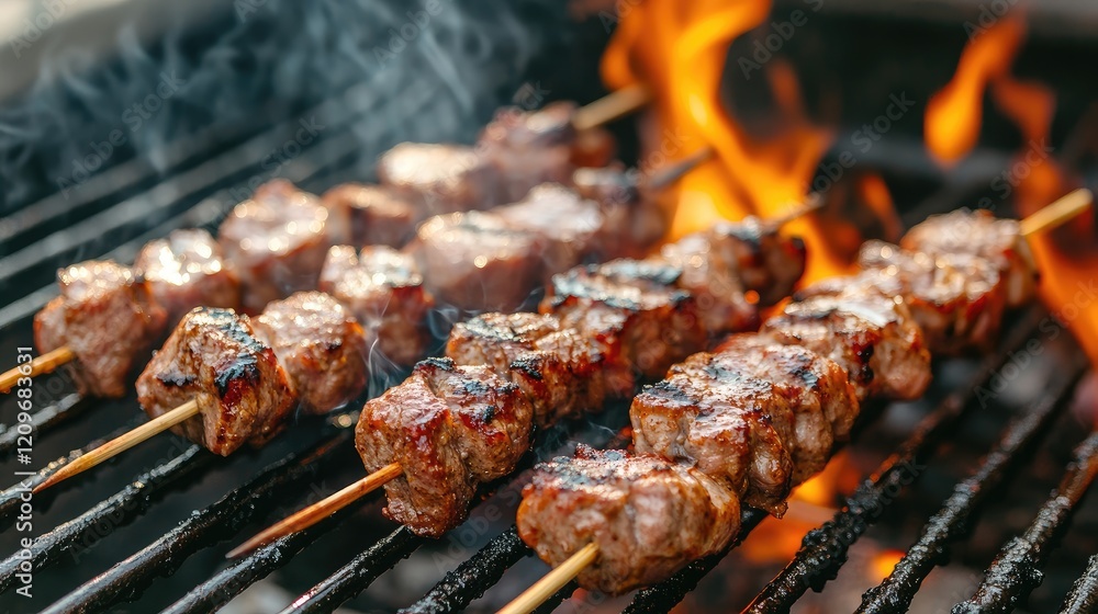 Succulent grilled meat skewers sizzling over an open barbecue fire showcasing delicious smoky flavors and mouthwatering textures. Succulent grilled meat skewers sizzling over an open barbecue fire showcasing delicious smoky flavors and mouthwatering textures.