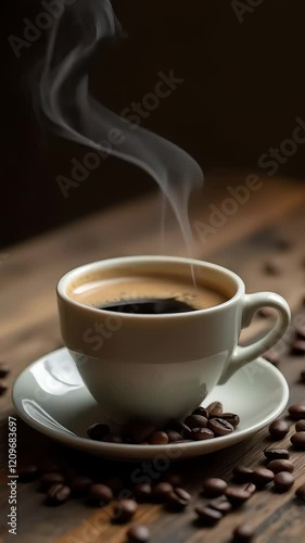 Aromatic coffee steam rising over fresh beans on wooden table