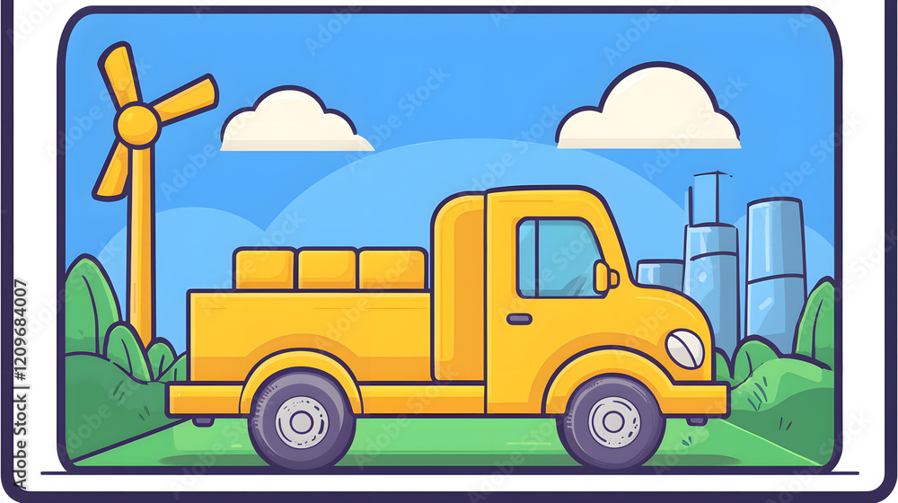 Yellow truck driving through green fields and cityscape wind turbine in background vibrant illustration