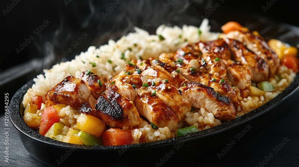 Grilled chicken and seafood sizzler served with colorful vegetables, rice, and melted cheese on a sizzling platter Grilled chicken and seafood sizzler served with colorful vegetables, rice, and melted cheese on a sizzling platter