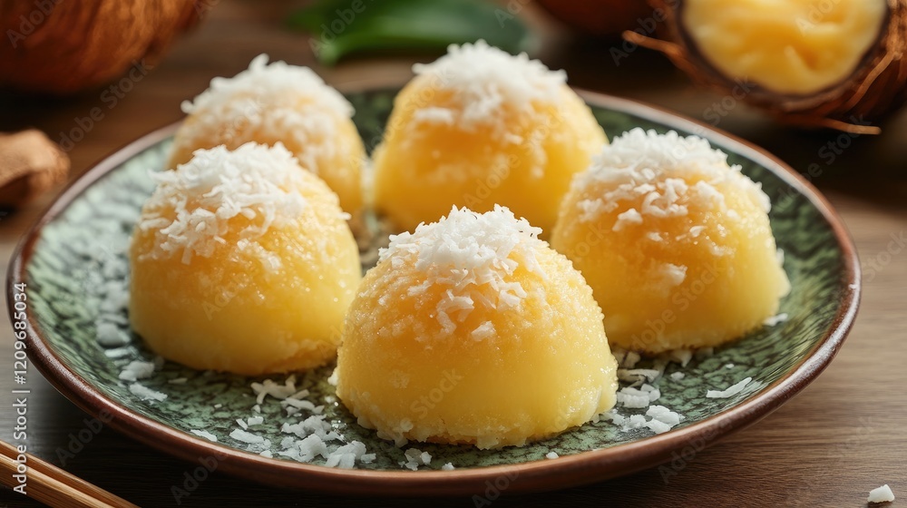 Coconut filled steamed flour dumplings presented on a decorative plate with shredded coconut toppings Coconut filled steamed flour dumplings presented on a decorative plate with shredded coconut toppings