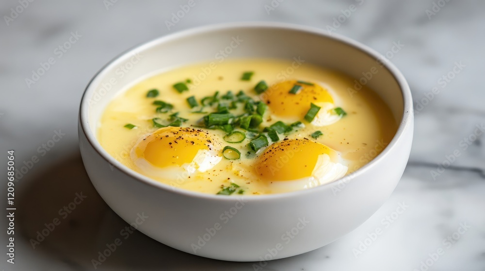Creamy steamed eggs topped with fresh green onions in a simple white bowl on a marble surface Creamy steamed eggs topped with fresh green onions in a simple white bowl on a marble surface
