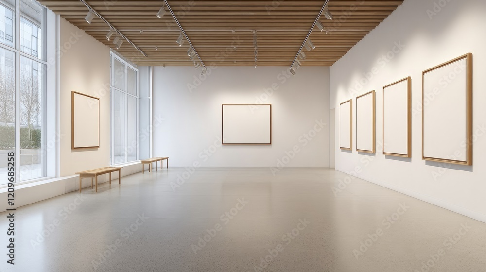 Fototapeta premium Blank wall frame in a modern, white-walled gallery space