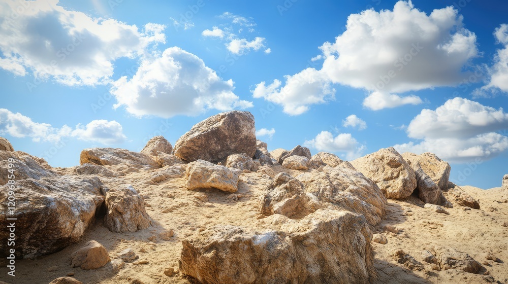 Desert landscape featuring rocky terrain under a bright blue sky with fluffy white clouds and sunlit sandy surfaces in a natural setting Desert landscape featuring rocky terrain under a bright blue sky with fluffy white clouds and sunlit sandy surfaces in a natural setting