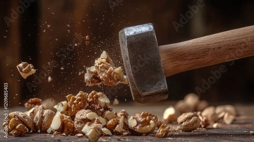 Wooden handle sledgehammer striking a walnut, with shell fragments and walnut pieces scattered on a rustic wooden surface. photo