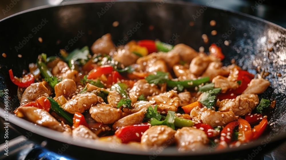 Vibrant chicken and vegetable stir fry with sesame sauce cooked in a traditional wok on a stovetop background Vibrant chicken and vegetable stir fry with sesame sauce cooked in a traditional wok on a stovetop background