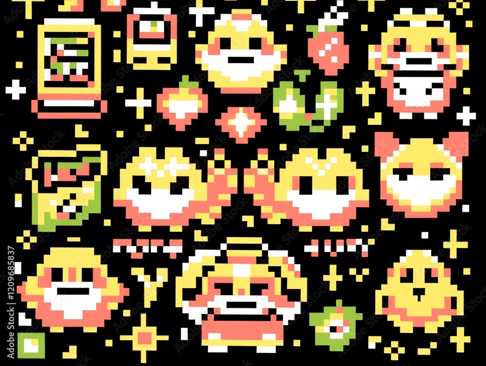 Fototapeta premium Pixel art collection of cute chicks, snacks, and fruits on black background.