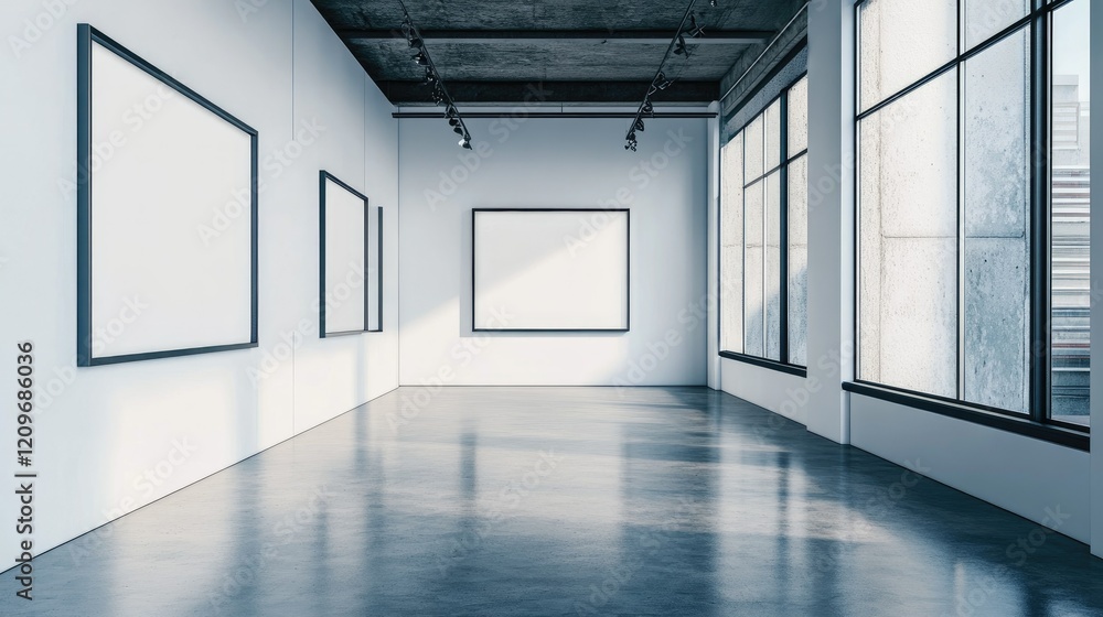 Blank wall frame in a modern, white-walled gallery space Blank wall frame in a modern, white-walled gallery space