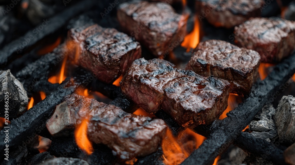 Grilled Steak on Barbecue with Flames Perfectly Seared for Delicious Outdoor Dining Experience Grilled Steak on Barbecue with Flames Perfectly Seared for Delicious Outdoor Dining Experience