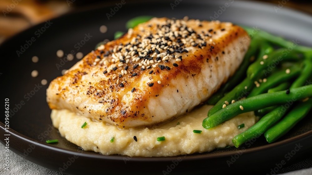 Halibut steak on creamy puree with vibrant green beans and sesame seeds elegantly plated for a gourmet dining experience Halibut steak on creamy puree with vibrant green beans and sesame seeds elegantly plated for a gourmet dining experience