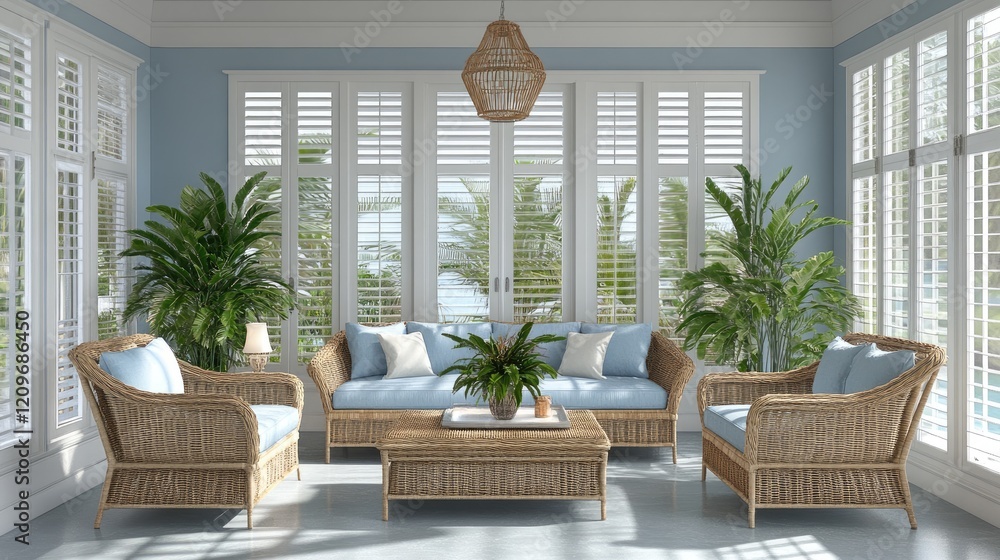 Fototapeta premium The Mocha Mousse sofa set featured in a coastal-inspired living room with soft blues and natural materials