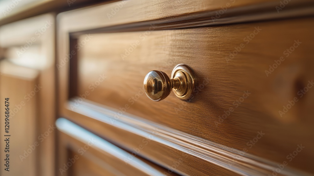 Close-up of a polished brass cabinet knob on a rich wooden kitchen drawer, showcasing a soft close guide system for elegant interior design concepts Close-up of a polished brass cabinet knob on a rich wooden kitchen drawer, showcasing a soft close guide system for elegant interior design concepts