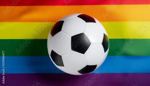 Black and white traditional soccer ball on a rainbow flag. Football and gay, lesbian and LGBT community concept. photo