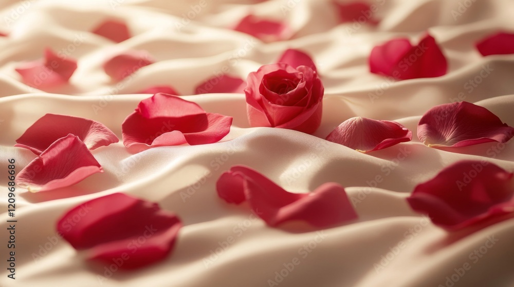 A Single Rose with Petals on Soft Fabric A Single Rose with Petals on Soft Fabric