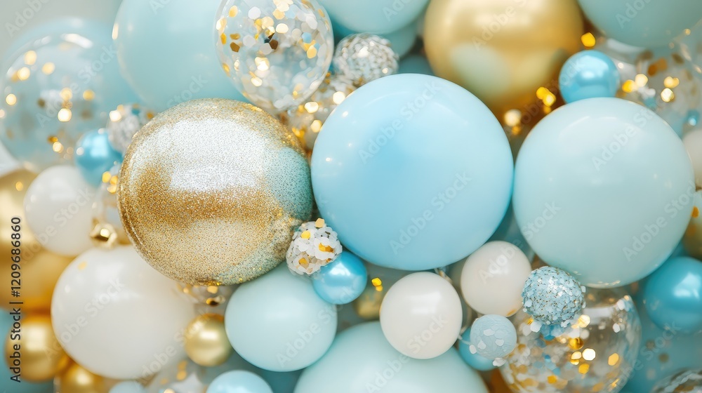 Elegant arrangement of soft blue and gold balloons with glitter for celebrations and festive occasions Elegant arrangement of soft blue and gold balloons with glitter for celebrations and festive occasions