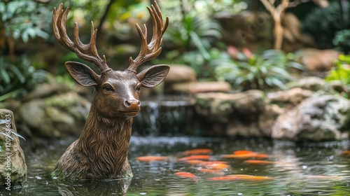 Majestic deer head statue with impressive antlers overlooking serene fish pond in lush garden setting photo