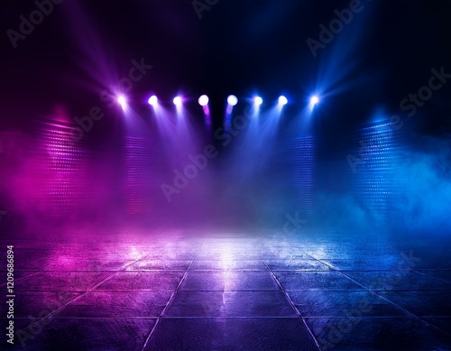 Dark scene colorful lights concert stage blue and purple background 